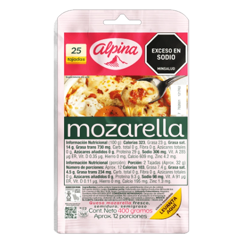 QUESO MOZARELLA ALPINA TAJADO X 25 X 400 GR
